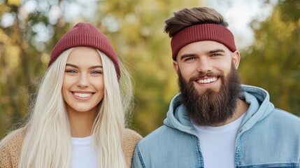 Fototapeta premium Vibrant outdoor portrait of a smiling couple with bright blonde hair and casual clothing amidst colorful autumn foliage representing love happiness and togetherness