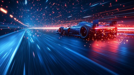 Futuristic racing car speeding on a neon-lit track in the metaverse