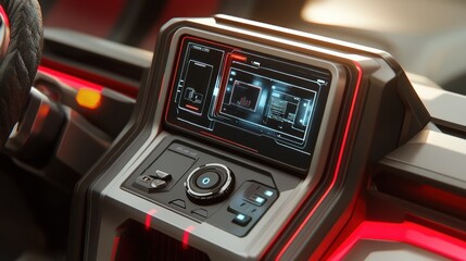 Naklejka premium Futuristic vehicle dashboard with digital display and control panel.