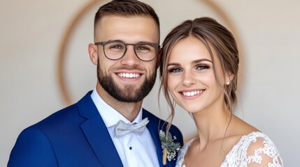 Fototapeta premium Professional couple smiling confidently in a formal setting with neutral tones embodying success and partnership