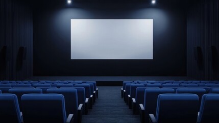 Fototapeta premium Empty Movie Theater with Rows of Blue Seats and Blank Screen Ready for Presentation or Film