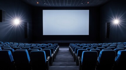 Empty Cinema Theatre with Blue Seats and Blank Projection Screen in Modern Interior Design