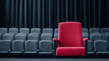 Obraz premium Single Red Chair on Stage in Front of Dark Curtain with Empty Theater Seats in Background for Cinema Setting