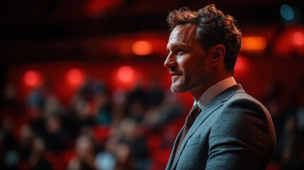 Fototapeta premium A well-dressed man stands thoughtfully in a theater, engaged in an event.