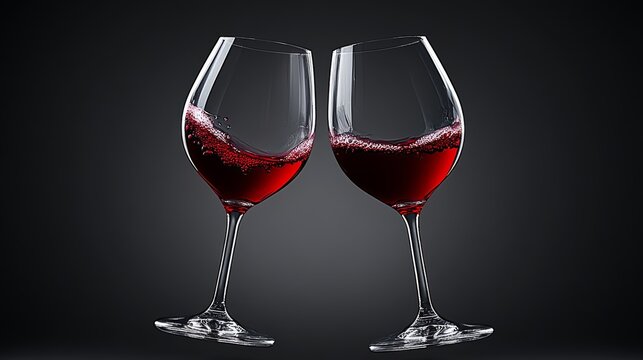Two wine glasses are filled with red wine and are being raised in a toast