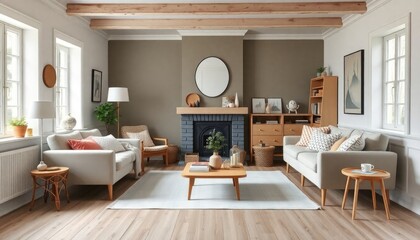 Scandi-folk cottage living room with neutral-colored skirting boards, Scandinavian-inspired furniture, and folk art accents that combine modern simplicity and tradition