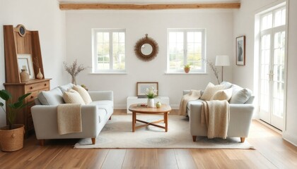 Obraz premium Neutral-toned cottage living room with white skirting boards, neutral furniture, and soft textures for a calming