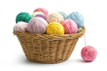 Colorful yarn balls in a wicker basket on white background. (1)
