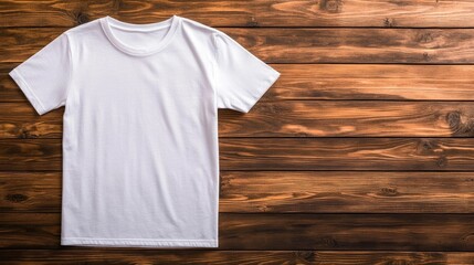 A plain white t-shirt is displayed neatly on a weathered wooden table, showcasing its fabric texture. Soft natural light enhances the simplicity and elegance of the shirt