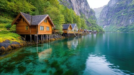 Fototapeta premium Wooden Houses on Stilts by a Fjord in Norway