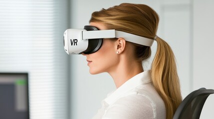 Side profile of a professional woman immersed in a VR experience wearing a modern white VR headset in a corporate environment with clean neutral tones