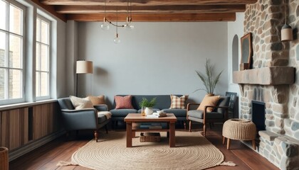 Cottage living room with earthy textures featuring rough-hewn wooden skirting boards, natural jute rugs, and stone elements for a grounded