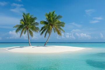 Tranquil tropical island with soft sand and swaying palm trees