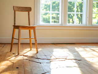 Old Wooden Chair Stands on Damaged Wooden Floor with Sunlight Streams Through Window with Home Renovation, Interior Design, and Property Improvement Themes.