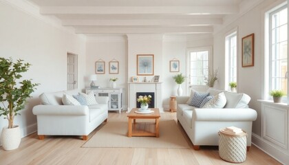 Fototapeta premium Soft and serene cottage living room with pale wooden skirting boards, light sofas, and a gentle color palette for a peaceful escape