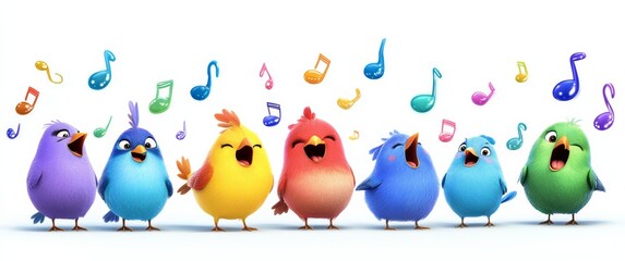Group of colorful birds are singing in a row. The birds are of different colors and sizes, and they are all singing together. Concept of joy and harmony, as the birds seem to be enjoying themselves