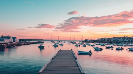 Obraz premium Peaceful Harbor Sunset Boats Wooden Dock Houses