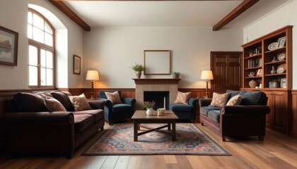 Fototapeta premium Cottage living room with rustic elegance featuring wooden skirting boards, deep velvet furniture, and soft lighting for a warm and luxurious space