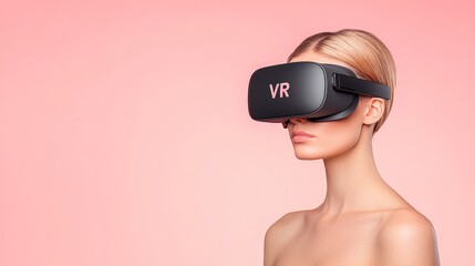 Minimalistic profile of a woman with blonde hair wearing a white VR headset against a bright blue background embodying simplicity innovation and digital creativity