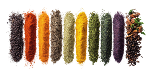 Assorted spices and herbs isolated on transparent background, colorful culinary concept