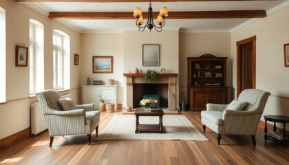 Traditional farmhouse cottage living room with wide wooden skirting boards, vintage armchairs, and antique lighting for a rustic