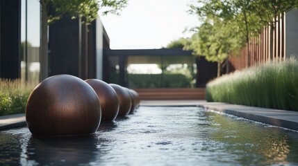 Modern bronze spheres in a tranquil water feature