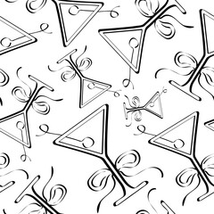 seamless pattern with a simple black and white icon of an original glass with a flower bud and a berry in it, design for valentine's day