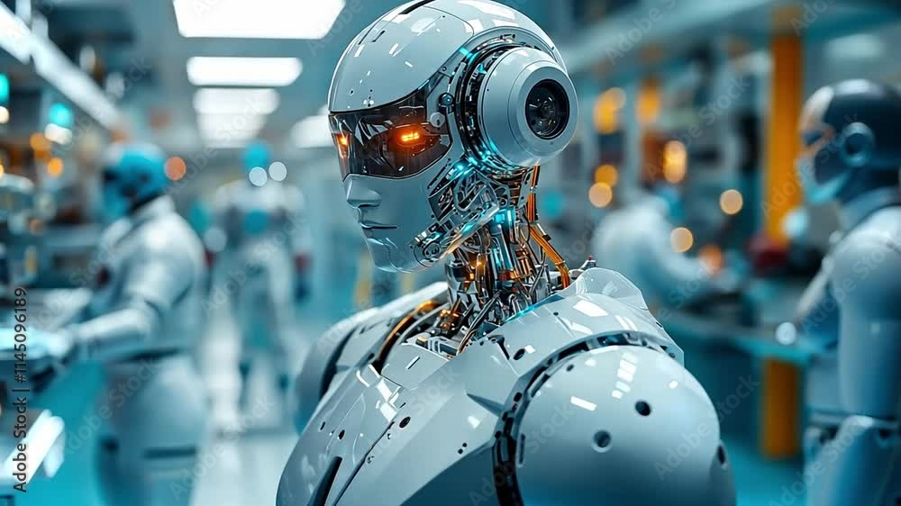 Poster advanced robots in a futuristic laboratory setting showcasing artificial intelligence technology