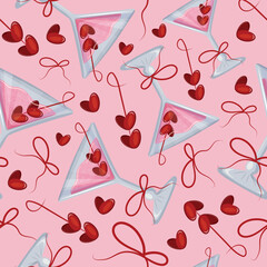seamless pattern with martini glasses, pink champagne, berries in the shape of a heart and bows on a light pink background for Valentine's Day