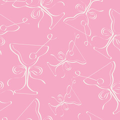 seamless pattern with the contours of original glasses like buds drawn with a white contour on a bright pink background, for Valentine's Day