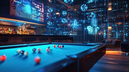 Futuristic bar with pool table, digital displays, and glowing orbs.