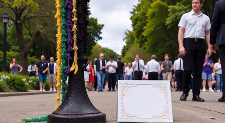 Street lamp post with yellow, green, and purple Mardi Gras decorations, blank white card on the ground, and people in background, concept for Mardi Gras parades