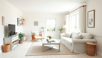 Fototapeta premium Bright airy cottage living room with whitewashed skirting boards, pastel-colored furniture, and a light