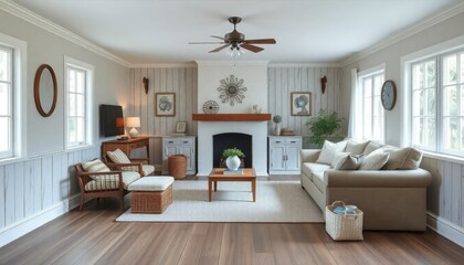 Rustic farmhouse chic cottage living room with weathered wood skirting boards, cozy seating, and soft
