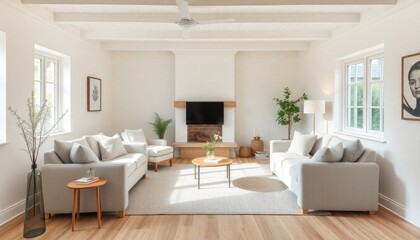 Serene retreat cottage living room with light, neutral skirting boards, soft fabrics
