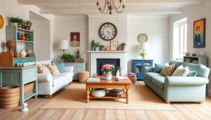 Whimsical cottage living room with painted skirting boards, quirky furniture choices, and fun