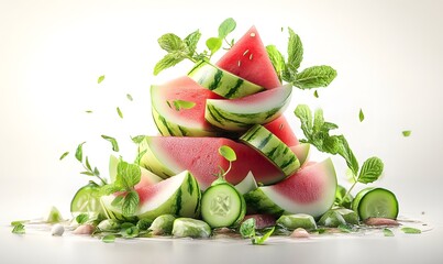 Stacked watermelon slices, cucumbers, mint.