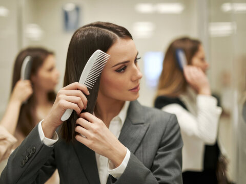 Una bella empresaria pein&aacute;ndose en un ba&ntilde;o p&uacute;blico
