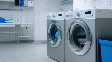 Modern Laundry Room with Silver Washers and Clean Towels in a Bright, Functional Environment