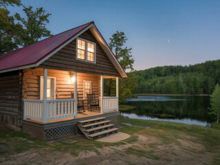 Una c&oacute;moda caba&ntilde;a de madera con techo rojo se encuentra en un hermoso paisaje nocturno
