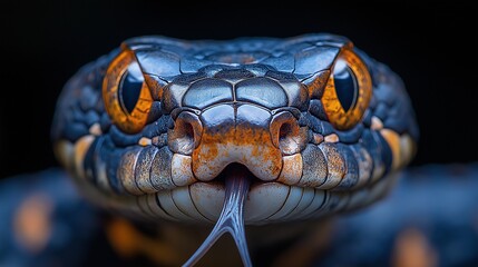 Fototapeta premium Macro shot of a serpents head, showcasing intricate scale patterns, piercing eyes, and forked tongue