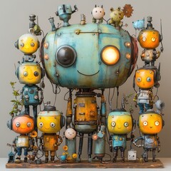 A whimsical group of colorful robot characters with a cheerful design and playful elements.