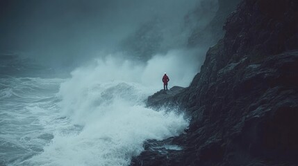 Solitary Figure Observing Powerful Ocean Waves Crashing