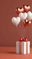Colorful heart-shaped balloons rise from a beautifully wrapped gift box against a warm backdrop, encapsulating the joy of love and special occasions like birthdays or anniversaries