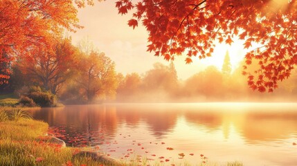 Tranquil Autumn Scene with Vibrant Red and Orange Leaves Reflecting on Calm Water at Sunrise, Creating a Serene Natural Atmosphere