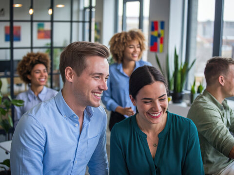 Grupo de colegas felices en un espacio de oficina moderno
