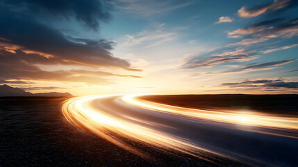 Naklejka premium Empty road curves through a desolate landscape at sunset with light trails and mountain silhouettes. Dramatic sky and journey concept.