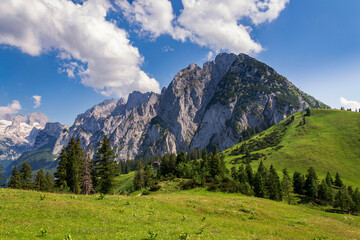 Fototapeta premium Donnerkogel Mountain in Alps, Gosau, Gmunden district, Upper Austria federal state, sunny summer day