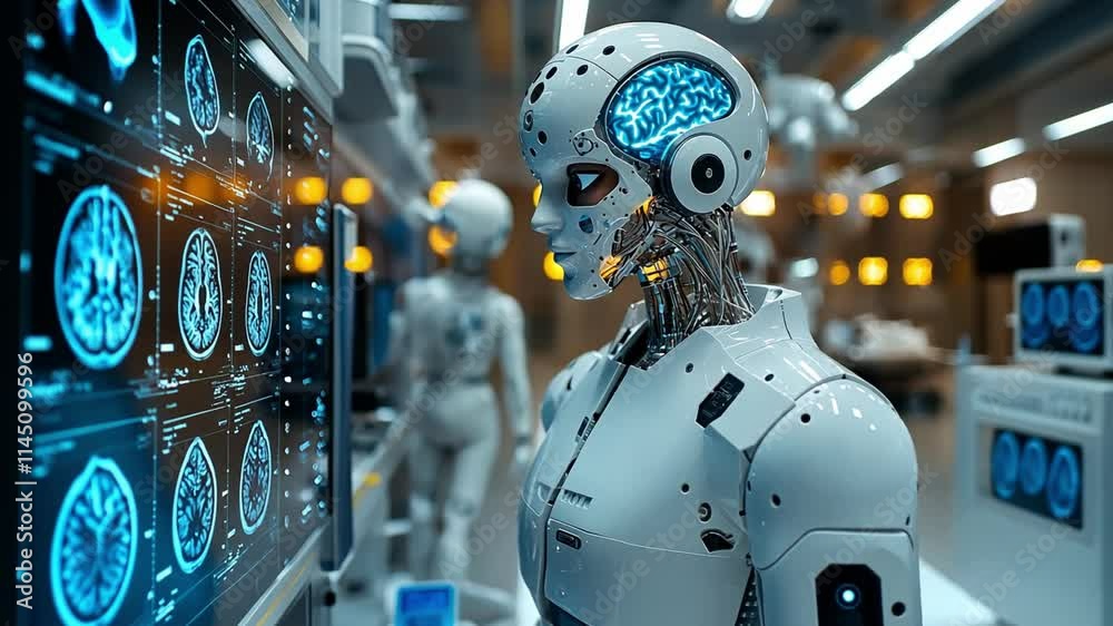 Poster advanced ai robot analyzing brain activity in futuristic laboratory environment