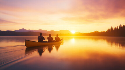 Boy scouts paddling wooden canoe across serene lake during golden sunset, experiencing wilderness adventure